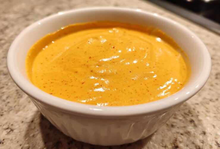 Close-up of vibrant orange, creamy nacho cheese sauce speckled with red spices in a small white bowl.