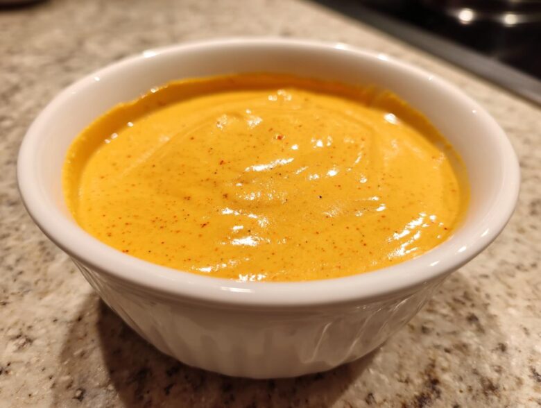 Close-up of vibrant orange, creamy nacho cheese sauce speckled with red spices in a small white bowl.