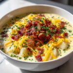 Close-up of a white bowl filled with creamy potato soup recipe, topped generously with shredded cheddar cheese, bacon bits, and fresh chives.