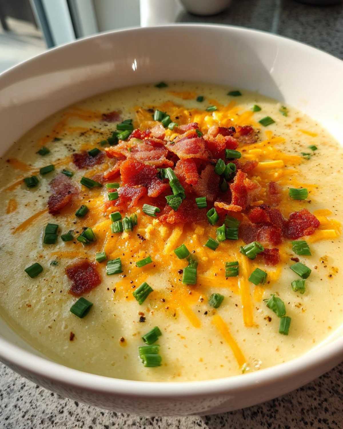 Close-up of a creamy potato soup recipe topped generously with shredded cheddar cheese, crispy bacon bits, and fresh chives.