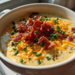 A close-up of a bowl of creamy potato soup recipe topped generously with shredded cheddar cheese, crispy bacon bits, and fresh chives.