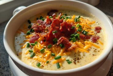 A close-up of a bowl of creamy potato soup recipe topped generously with shredded cheddar cheese, crispy bacon bits, and fresh chives.