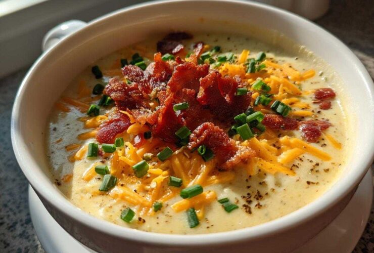 A close-up of a bowl of creamy potato soup recipe topped generously with shredded cheddar cheese, crispy bacon bits, and fresh chives.