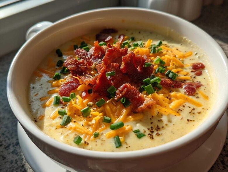 A close-up of a bowl of creamy potato soup recipe topped generously with shredded cheddar cheese, crispy bacon bits, and fresh chives.