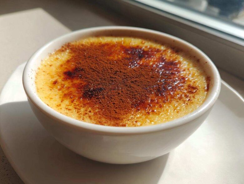 A close-up of creamy rice pudding topped with caramelized sugar and a dusting of cocoa powder.