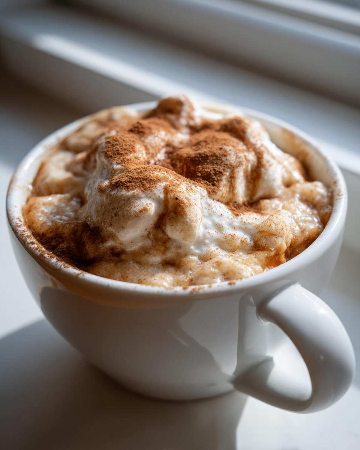 Close-up of creamy rice pudding topped with whipped cream and a dusting of cinnamon in a white mug.