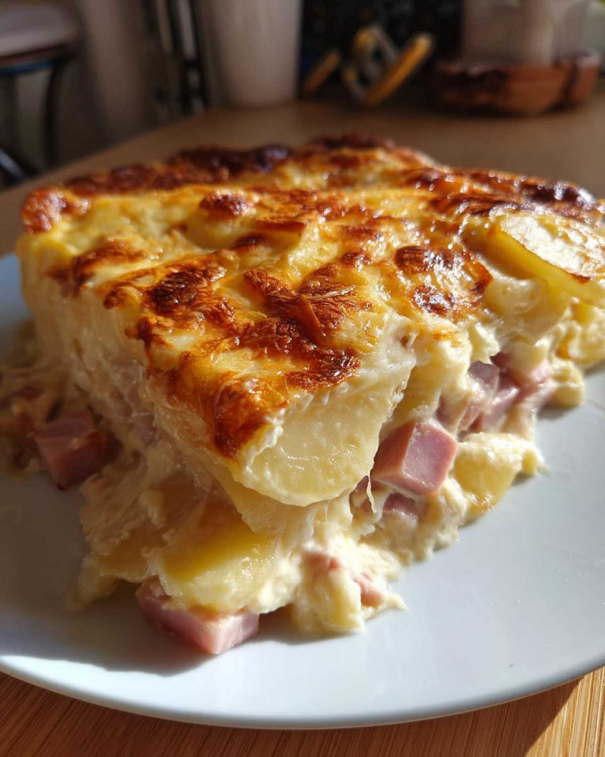 A close-up of a rich, creamy slice of scalloped potatoes and ham with a golden-brown, cheesy crust.