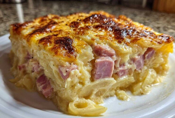 A close-up of a thick, creamy slice of scalloped potatoes and ham with a golden-brown, cheesy top.
