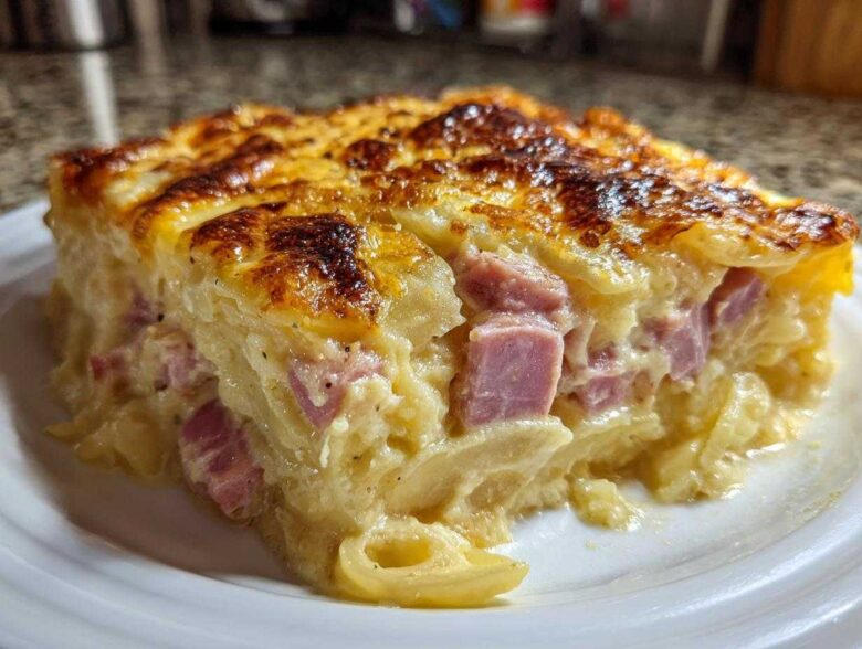 A close-up of a thick, creamy slice of scalloped potatoes and ham with a golden-brown, cheesy top.