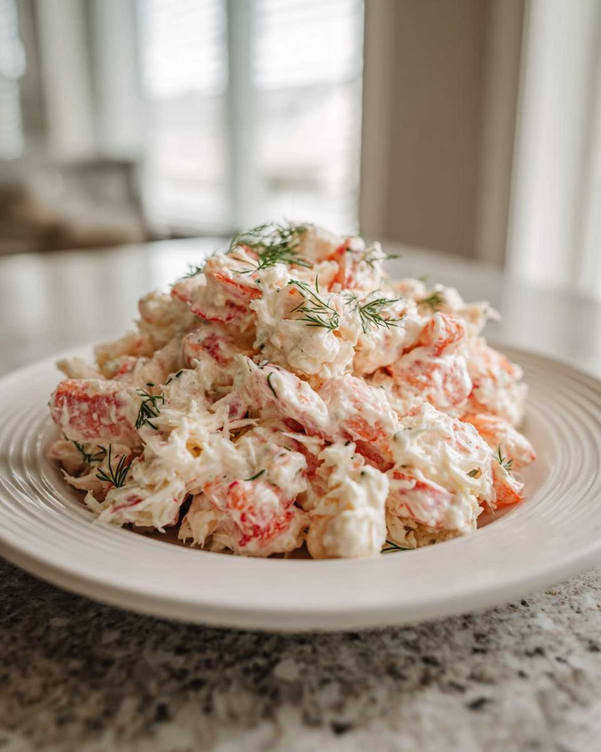 A generous mound of creamy seafood salad, featuring pink and white chunks, garnished with fresh dill, served on a white plate.