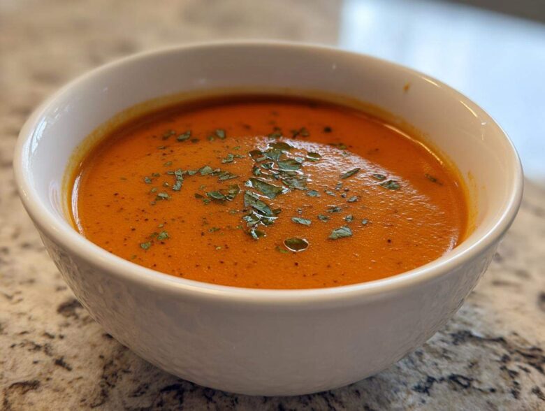 A close-up of a white bowl filled with rich, orange-red tomato bisque, topped with chopped green herbs.