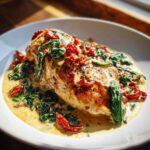A close-up of a golden-brown chicken breast smothered in creamy Tuscan sauce with spinach and sun-dried tomatoes.