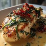 A close-up, appetizing shot of seared creamy Tuscan chicken breast covered in a rich cream sauce with spinach and sun-dried tomatoes.