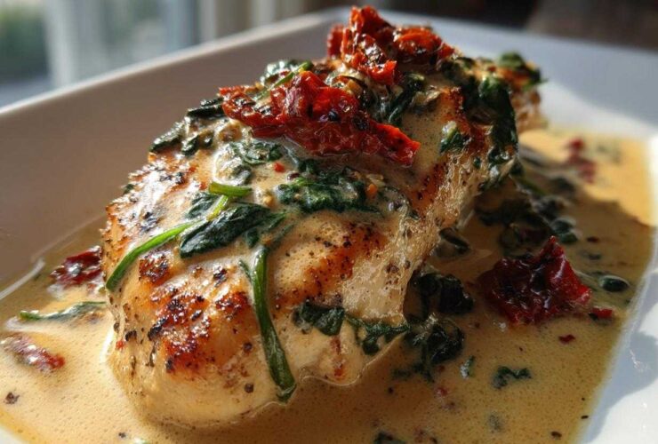 A close-up, appetizing shot of seared creamy Tuscan chicken breast covered in a rich cream sauce with spinach and sun-dried tomatoes.