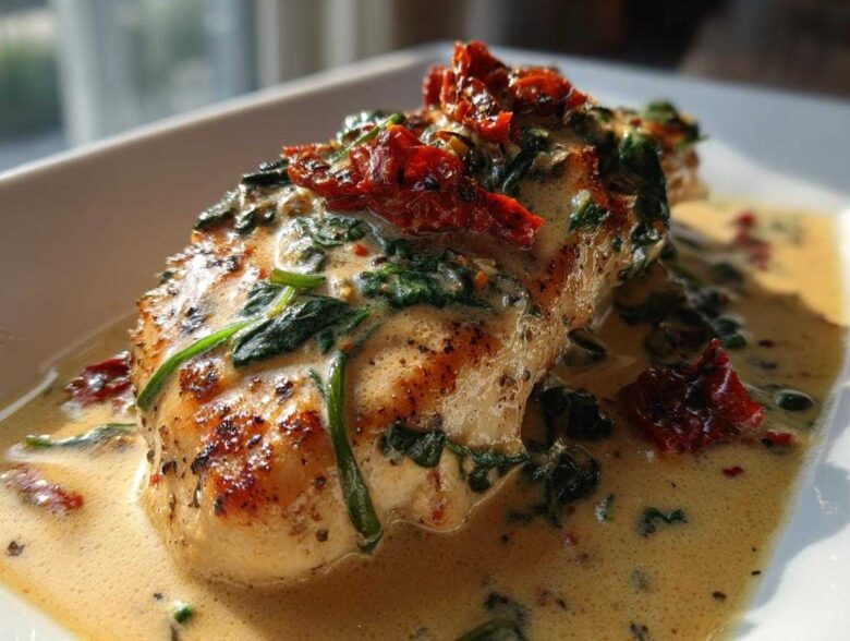 A close-up, appetizing shot of seared creamy Tuscan chicken breast covered in a rich cream sauce with spinach and sun-dried tomatoes.