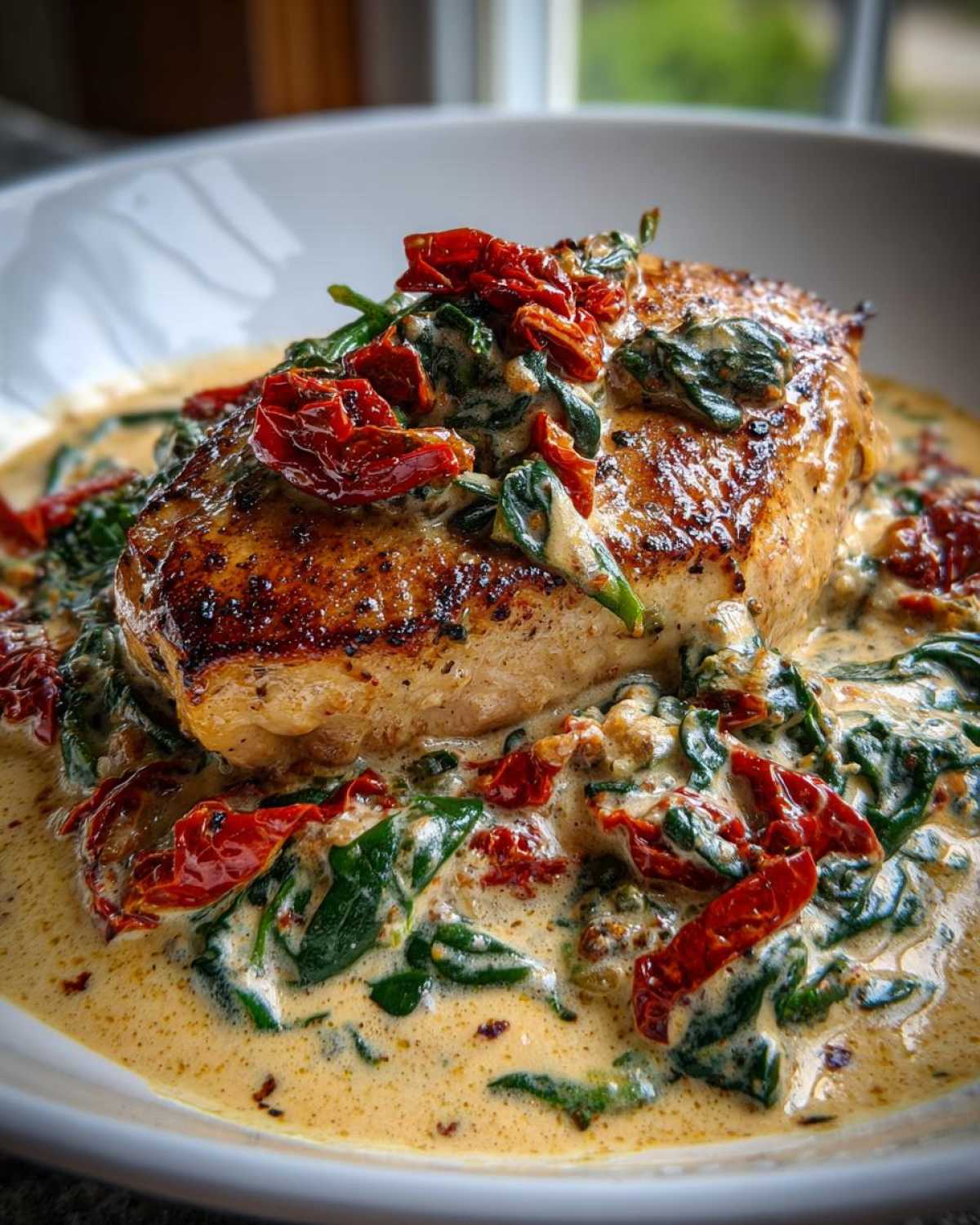 A perfectly seared chicken breast smothered in a creamy sauce with spinach and sun-dried tomatoes for creamy tuscan chicken.
