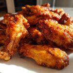 A close-up of a pile of golden brown, seasoned crispy air fryer chicken wings on a white plate.