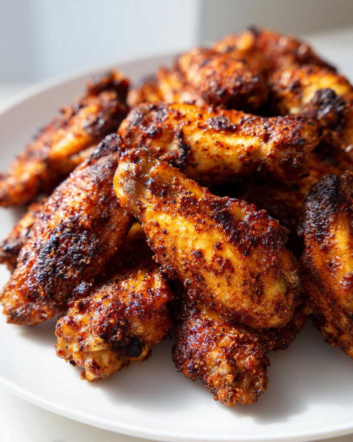 Close-up of a pile of perfectly seasoned and crispy air fryer chicken wings stacked on a white plate.