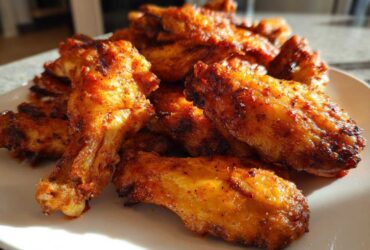 A close-up of a pile of golden brown, seasoned crispy air fryer chicken wings on a white plate.