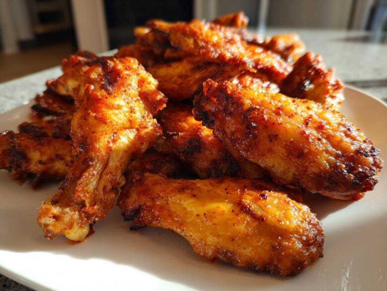 A close-up of a pile of golden brown, seasoned crispy air fryer chicken wings on a white plate.