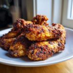 Close-up of golden brown, very crispy baked chicken wings piled on a white plate.