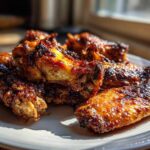 Close-up of several incredibly crispy baked chicken wings with a dark, glossy glaze piled on a white plate.