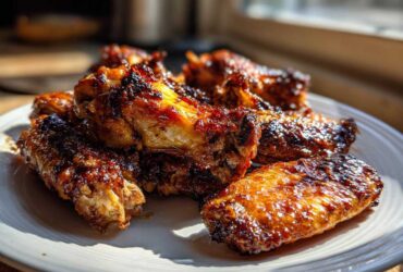 Close-up of several incredibly crispy baked chicken wings with a dark, glossy glaze piled on a white plate.