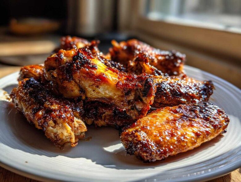 Close-up of several incredibly crispy baked chicken wings with a dark, glossy glaze piled on a white plate.