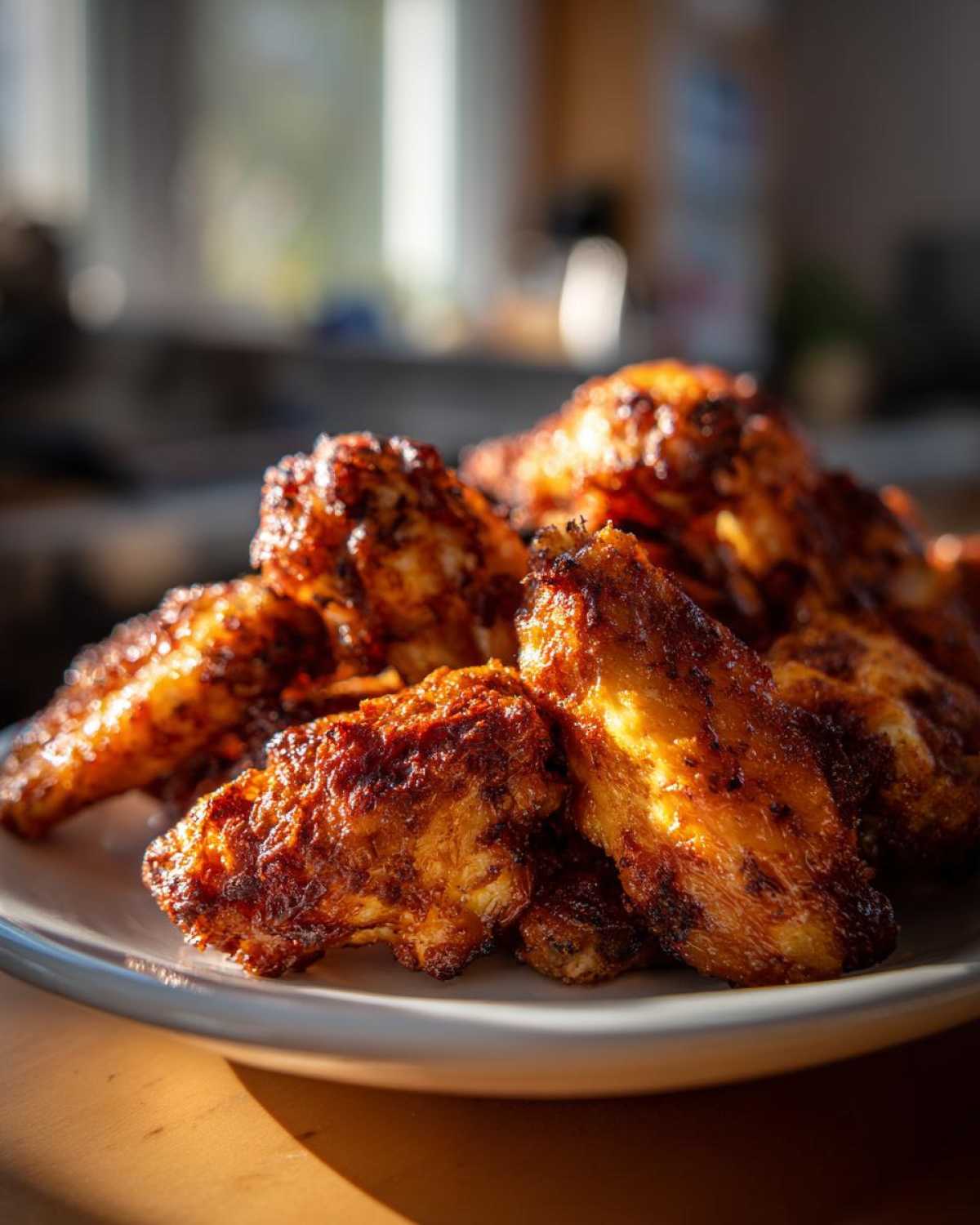 Close-up of several golden brown, seasoned crispy baked chicken wings piled on a white plate.