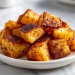 Close-up of perfectly crispy, golden brown breakfast potatoes cubes piled high on a white plate.