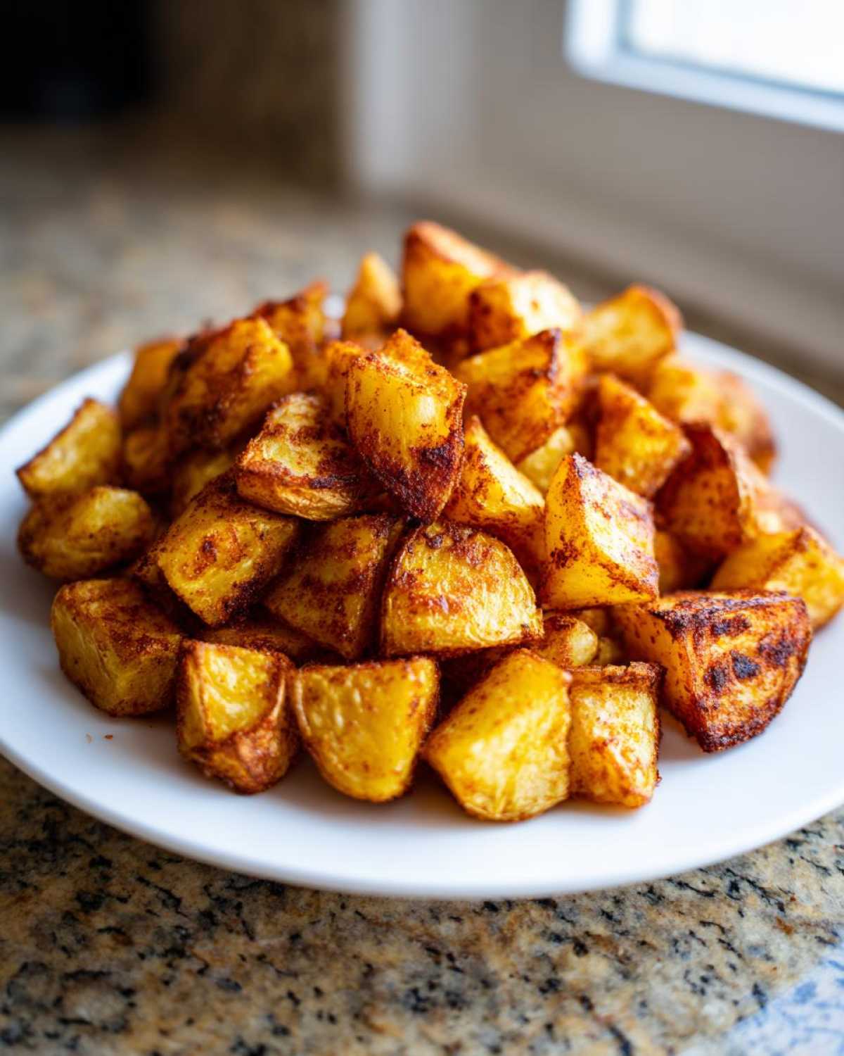 A mound of golden brown, crispy breakfast potatoes seasoned with spices served on a white plate.