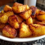 A close-up of perfectly crispy, golden-brown breakfast potatoes seasoned with spices, piled high on a white plate.