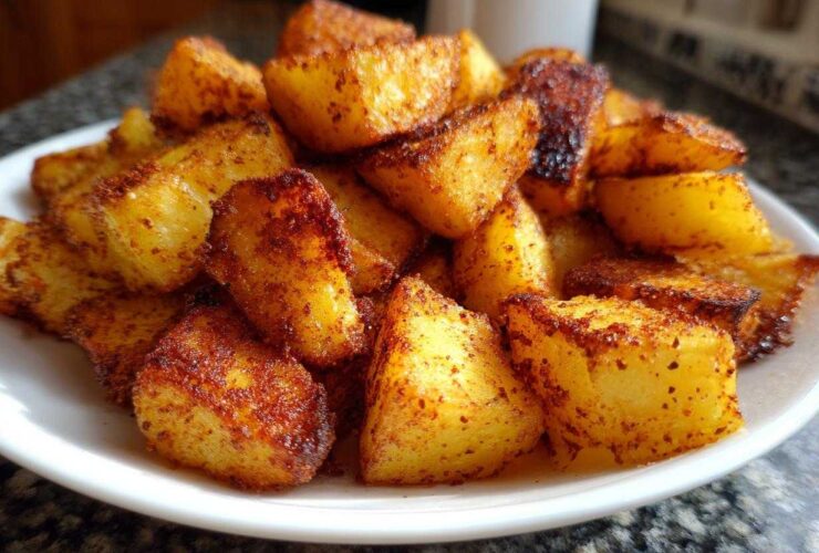 A close-up of perfectly crispy, golden-brown breakfast potatoes seasoned with spices, piled high on a white plate.