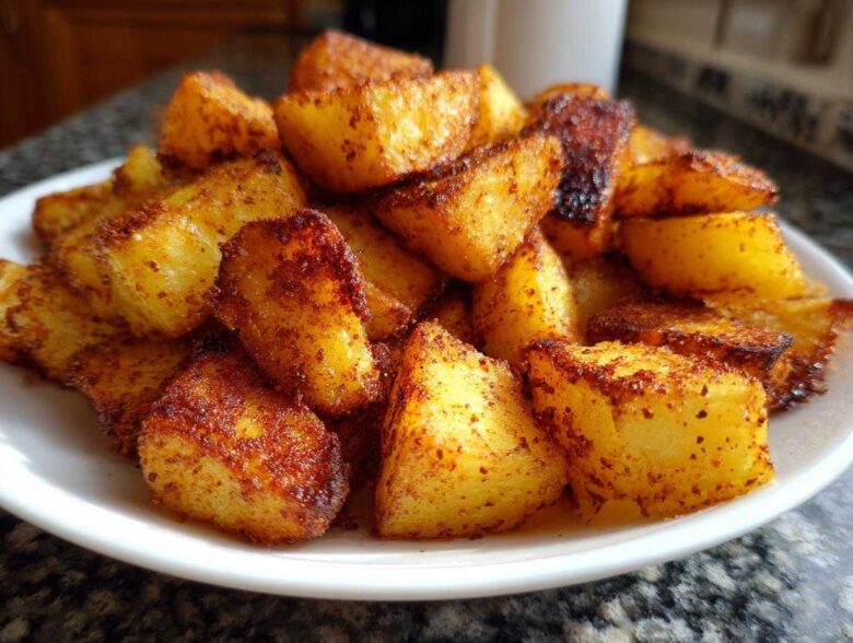 A close-up of perfectly crispy, golden-brown breakfast potatoes seasoned with spices, piled high on a white plate.