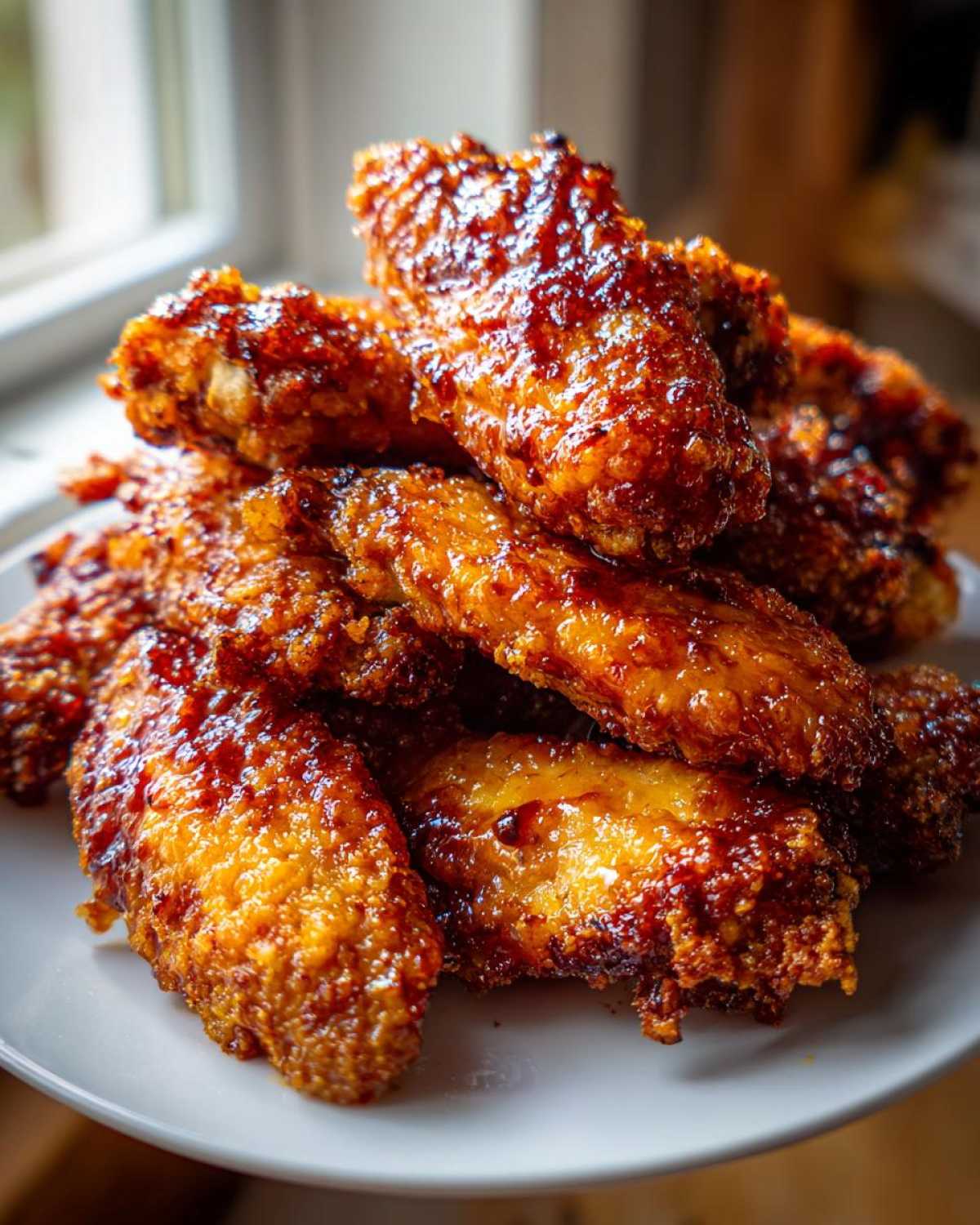A close-up stack of golden, crispy chicken wings coated in a shiny, dark glaze.