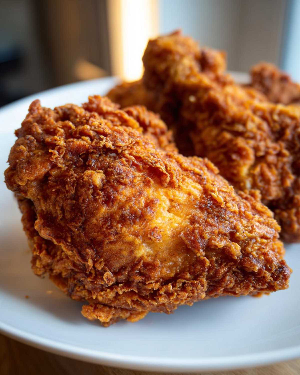 Close-up of perfectly cooked, crispy, golden-brown fried chicken pieces resting on a white plate.