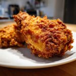 Close-up of two pieces of incredibly crispy, golden-brown fried chicken on a white plate.