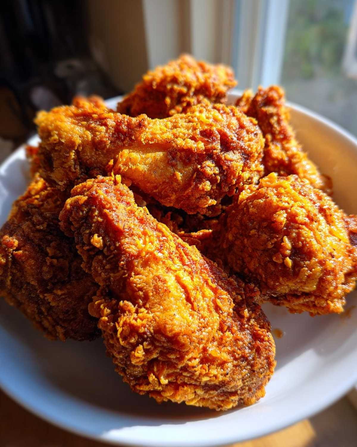 Close-up of perfectly crispy, golden brown fried chicken wings piled high on a white plate.