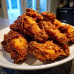 A close-up of a large pile of golden-brown, crispy fried chicken wings stacked on a white plate.