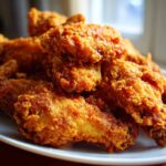 A close-up of a generous pile of golden brown, crispy fried chicken wings served on a white plate.