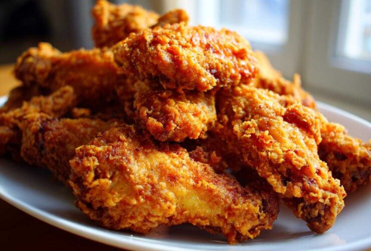 A close-up of a generous pile of golden brown, crispy fried chicken wings served on a white plate.