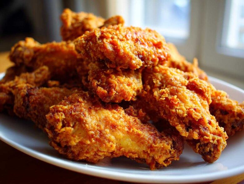 A close-up of a generous pile of golden brown, crispy fried chicken wings served on a white plate.
