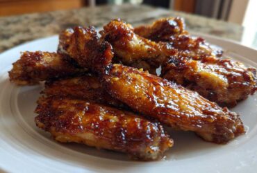 Close-up of several perfectly crispy, glazed chicken wings piled on a white plate.