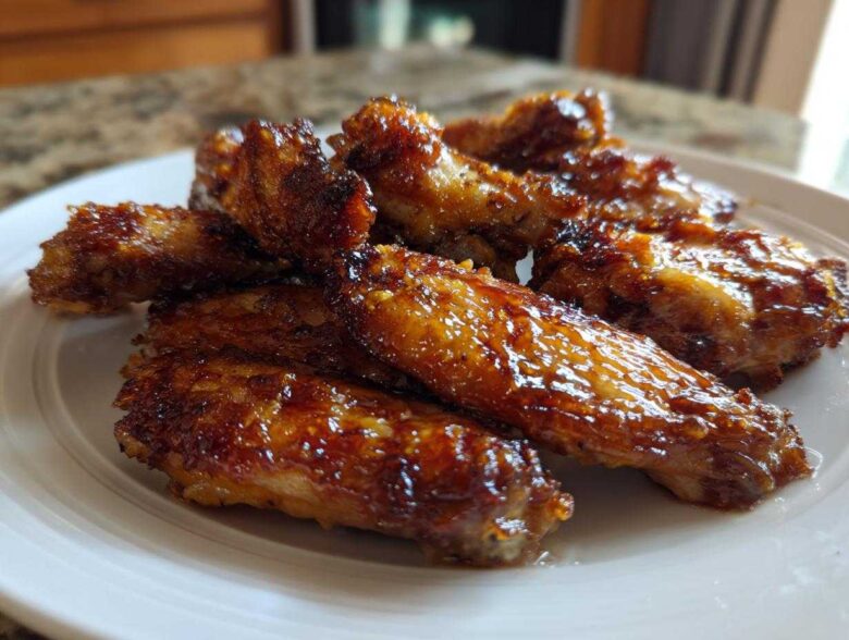 Close-up of several perfectly crispy, glazed chicken wings piled on a white plate.