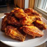 A pile of perfectly cooked, crispy chicken wings coated in a shiny glaze, served on a white plate.