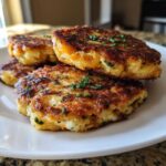 Close-up of four golden-brown, crispy mashed potato cakes garnished with fresh chives, stacked on a white plate.