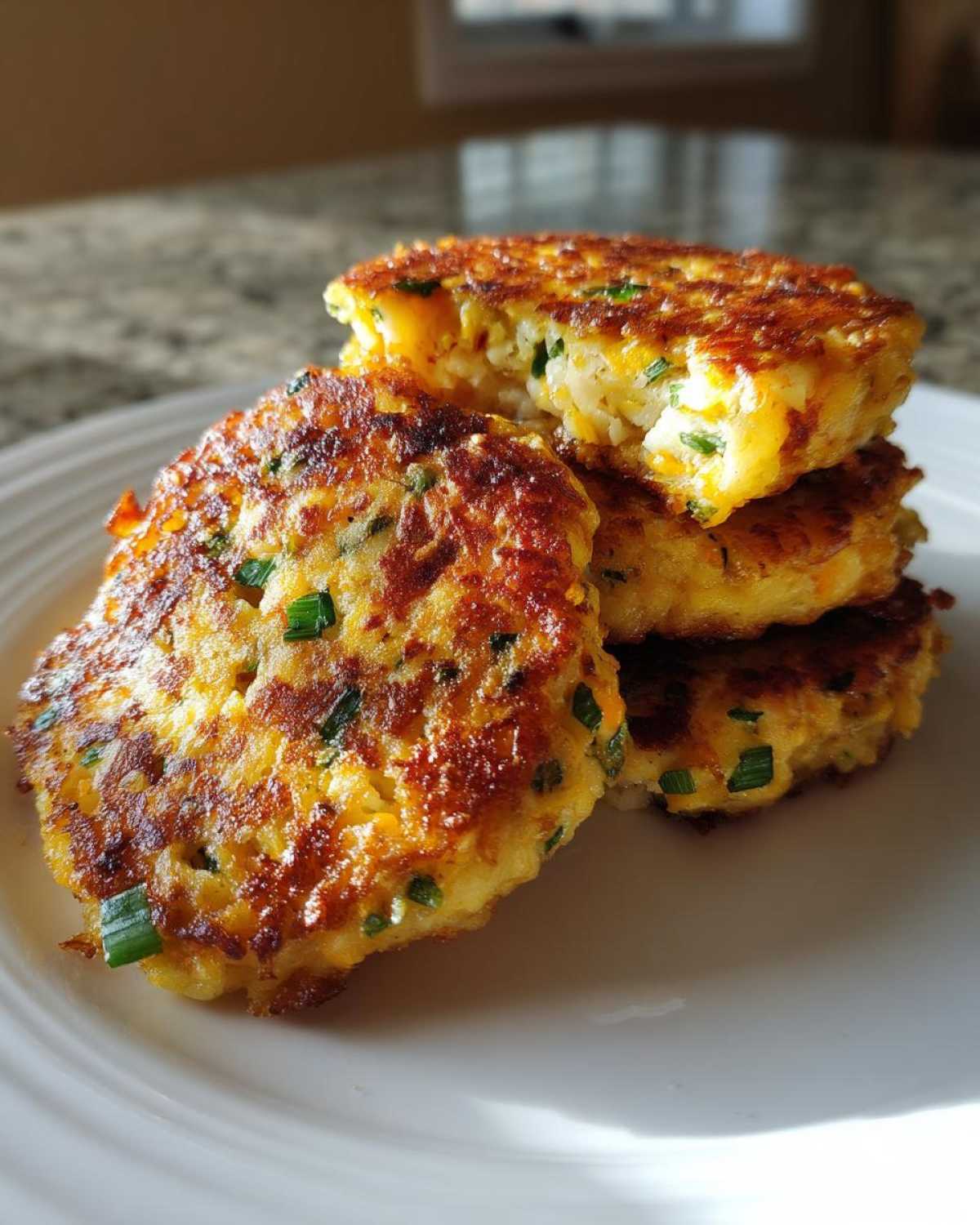 A stack of four golden brown, crispy mashed potato cakes studded with green chives on a white plate.