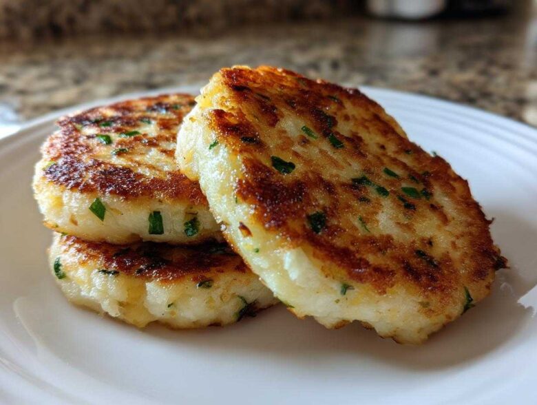 Three perfectly golden brown, crispy mashed potato cakes stacked slightly on a white plate, garnished with chives.