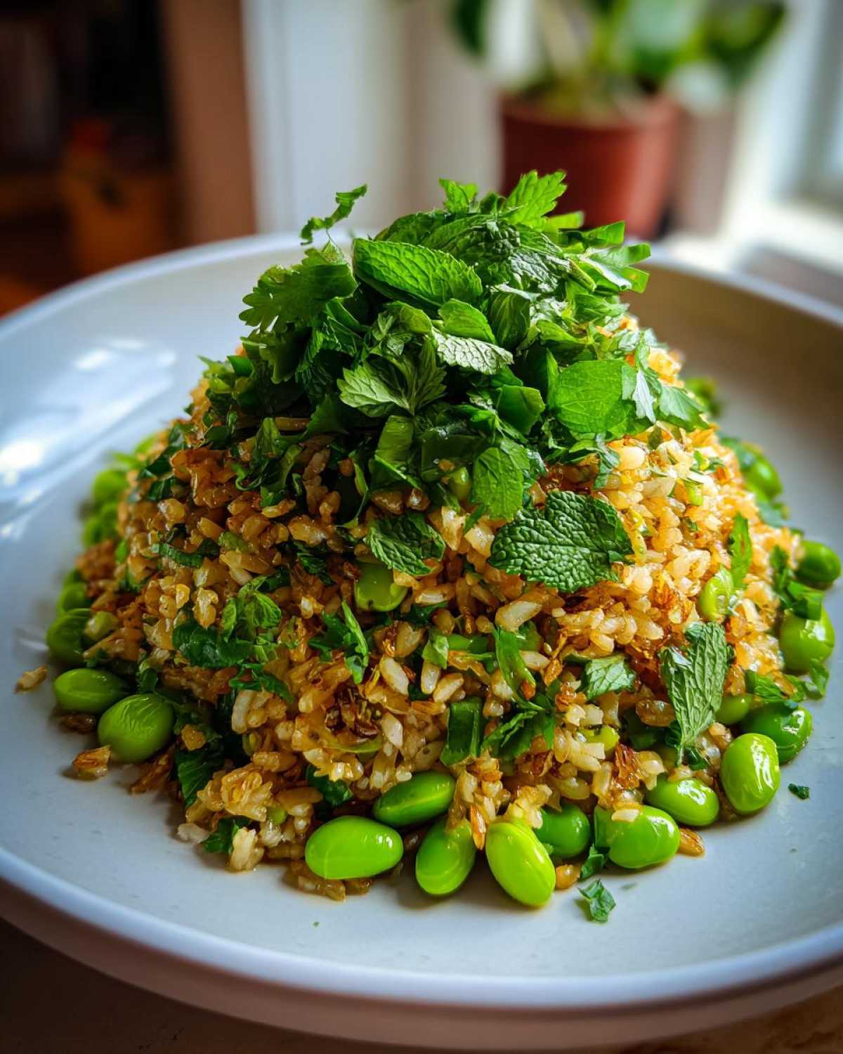 A mound of crispy rice salad mixed with bright green edamame and topped generously with fresh mint and parsley.