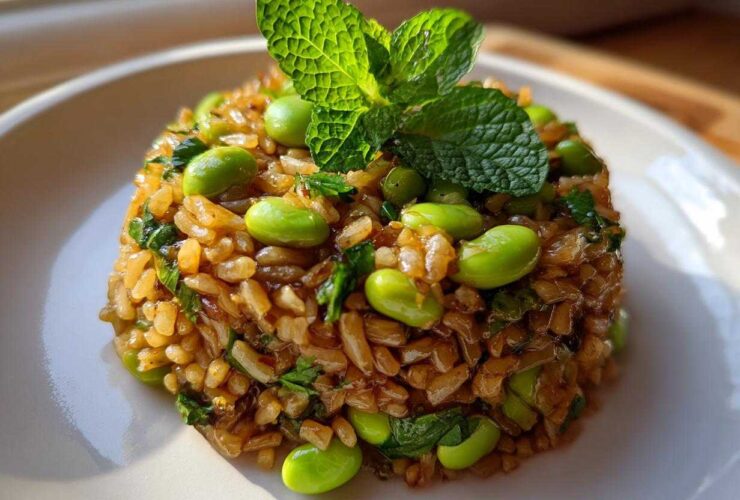 A molded portion of crispy rice salad mixed with bright green edamame and topped with fresh mint leaves.